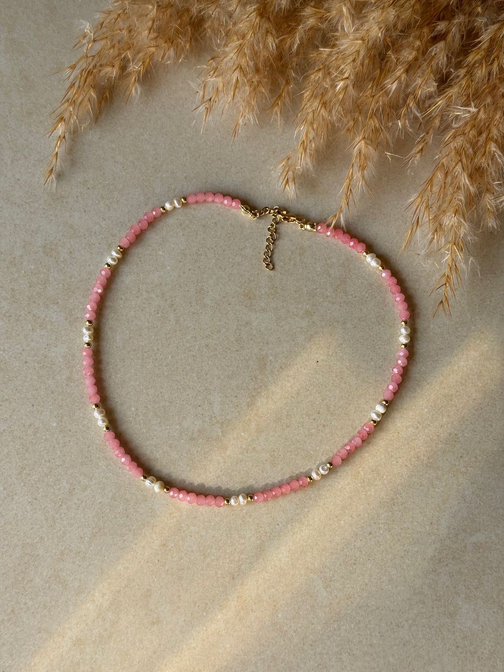 rosa kristall kette mit echten weißen perlen 💗