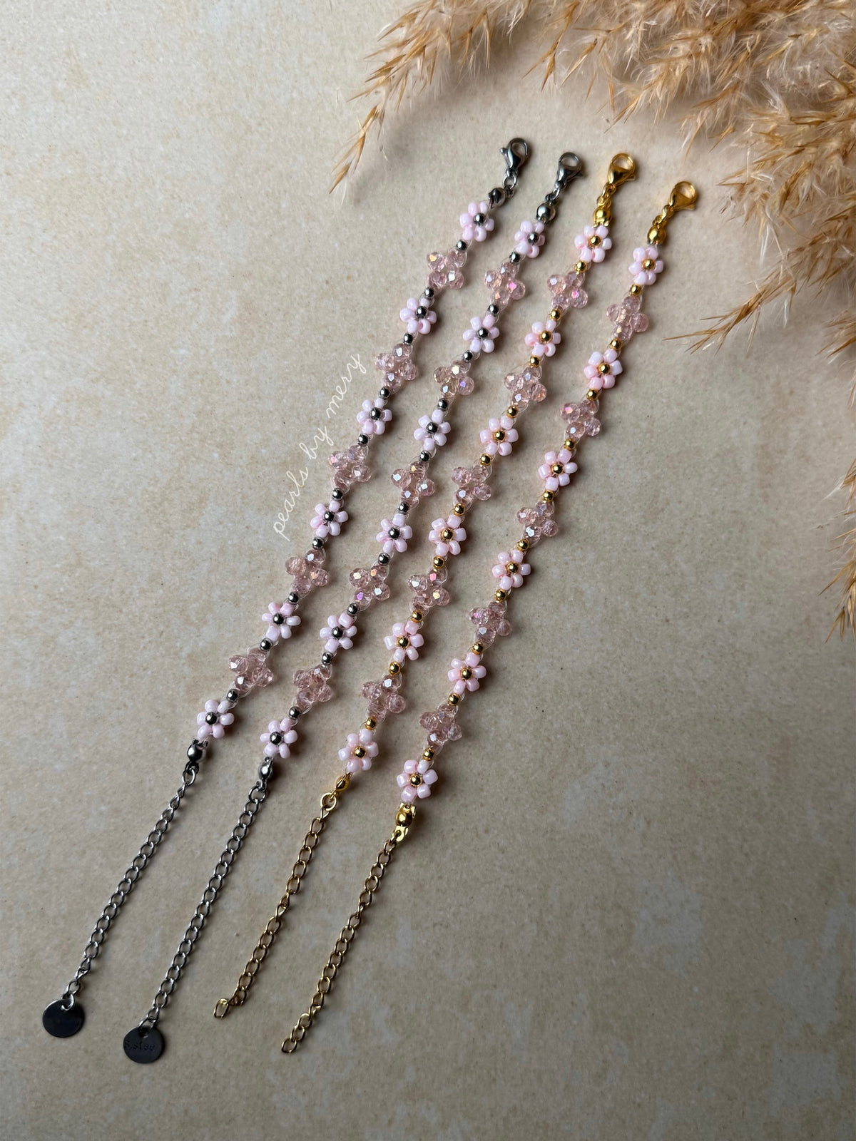 Rosa Gänseblümchen Armband mit rosa Kleeblättern 💞
